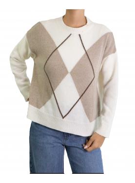 Maglione con rombi bicolore girocollo misto cashmere